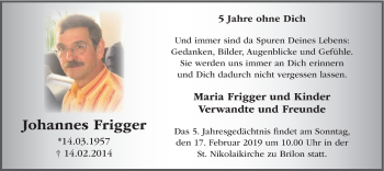 Todesanzeige von Johannes Frigger von HSK