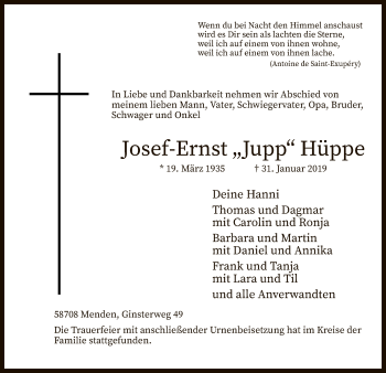 Todesanzeige von Josef-Ernst Hüppe von MZV