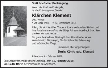 Todesanzeige von Klärchen Klement von HSK