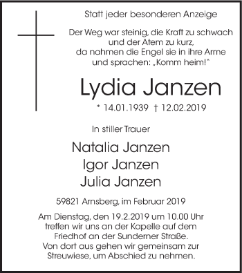 Todesanzeige von Lydia Janzen von HSK