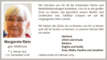 Todesanzeige von Margarete Rietz von MZV