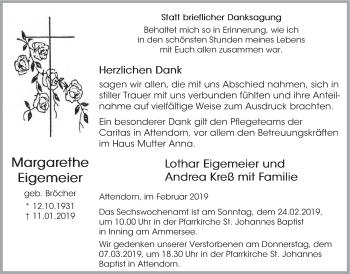 Todesanzeige von Margarethe Eigemeier von HSK