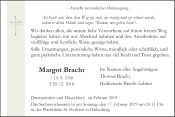 Todesanzeige von Margot Bracht von HSK
