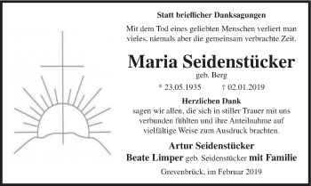 Todesanzeige von Maria Seidenstücker von HSK