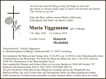 Todesanzeige von Maria Tiggemann von MZV