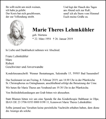 Todesanzeige von Marie Theres Lehmkühler von MZV