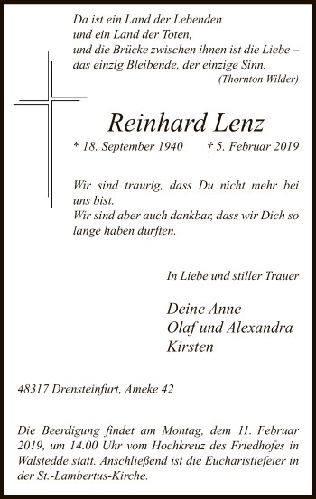Todesanzeige von Reinhard Lenz von MZV