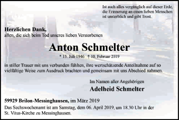 Todesanzeige von Anton Schmelter von HSK