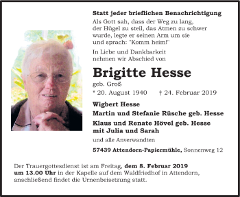 Todesanzeige von Brigitte Hesse von HSK