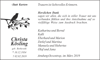 Todesanzeige von Christa Kösling von HSK