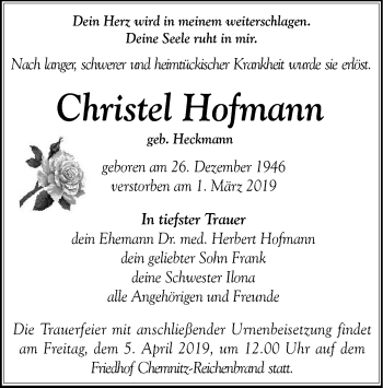 Todesanzeige von Christel Hofmann von HSK
