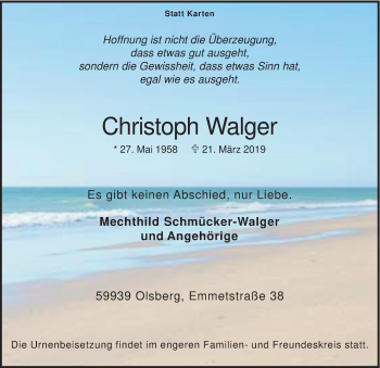 Todesanzeige von Christoph Walger von HSK