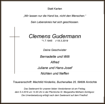 Todesanzeige von Clemens Gudermann von MZV