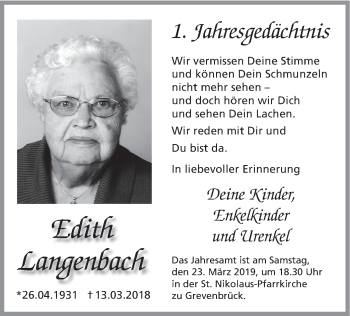 Todesanzeige von Edith Langenbach von HSK