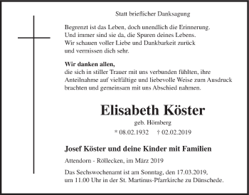 Todesanzeige von Elisabeth Köster von HSK