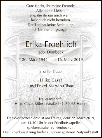 Todesanzeige von Erika Froehlich von MZV