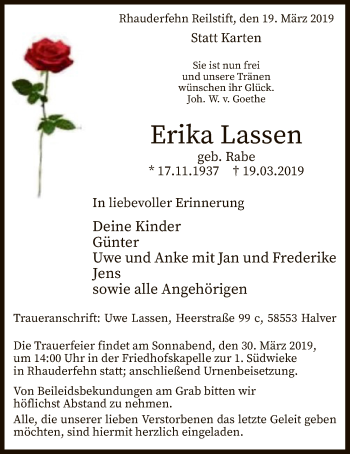 Todesanzeige von Erika Lassen von MZV