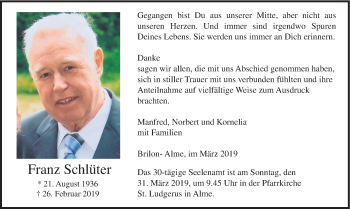 Todesanzeige von Franz Schlüter von HSK