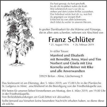 Todesanzeige von Franz Schlüter von HSK