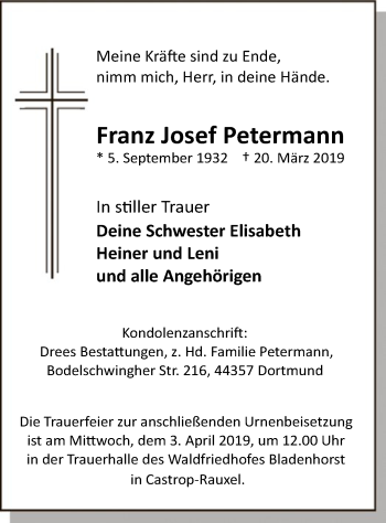 Todesanzeige von Franz Josef Petermann von MZV