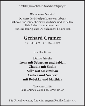 Todesanzeige von Gerhard Cramer von HSK