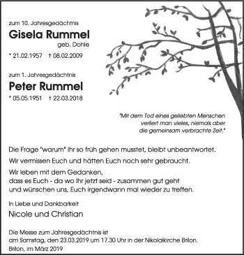Todesanzeige von Gisela und Peter Rummel von HSK