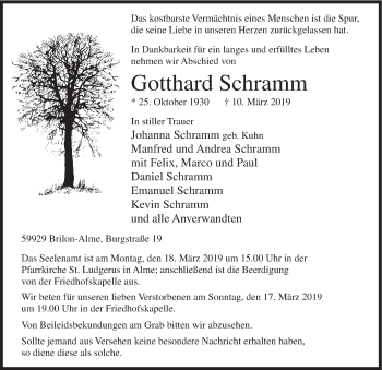 Todesanzeige von Gotthard Schramm von HSK