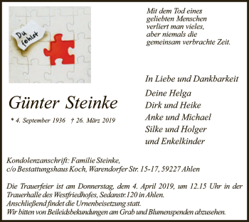 Todesanzeige von Günter Steinke von MZV