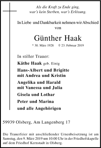Todesanzeige von Günther Haak von HSK