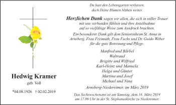 Todesanzeige von Hedwig Kramer von HSK