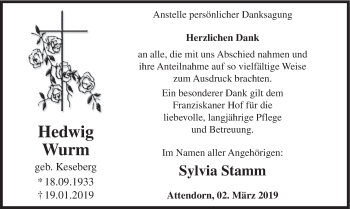 Todesanzeige von Hedwig Wurm von HSK