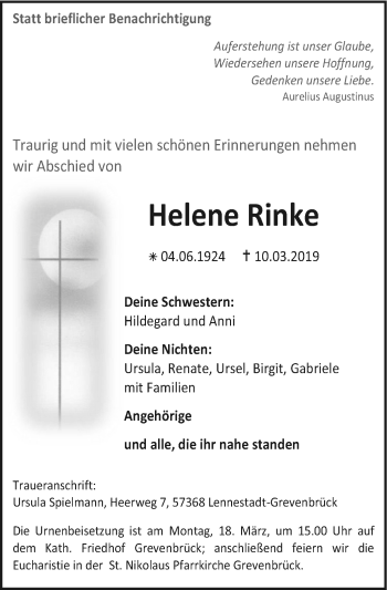 Todesanzeige von Helene Rinke von HSK