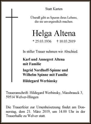 Todesanzeige von Helga Altena von MZV