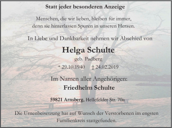Todesanzeige von Helga Schulte von HSK