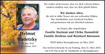 Todesanzeige von Helmut  Radetzky von HSK