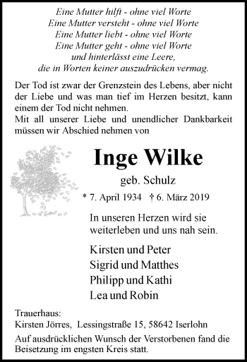 Todesanzeige von Inge Wilke von MZV
