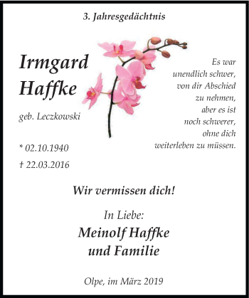 Todesanzeige von Irmgard Haffke von HSK