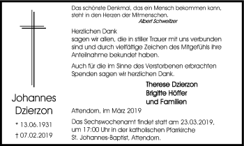 Todesanzeige von Johannes Dzierzon von HSK