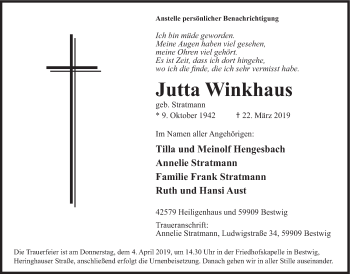 Todesanzeige von Jutta Winkhaus von HSK