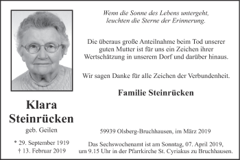 Todesanzeige von Klara Steinrücken von HSK