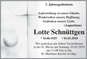 Todesanzeige von Lotte Schnüttgen von HSK