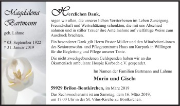 Todesanzeige von Magdalene Bartmann von HSK