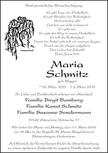 Todesanzeige von Maria Schmitz von HSK