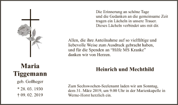 Todesanzeige von Maria Tiggemann von MZV
