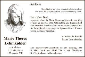 Todesanzeige von Marie Theres Lehmkühler von MZV