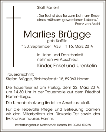 Todesanzeige von Maries Brügge von MZV
