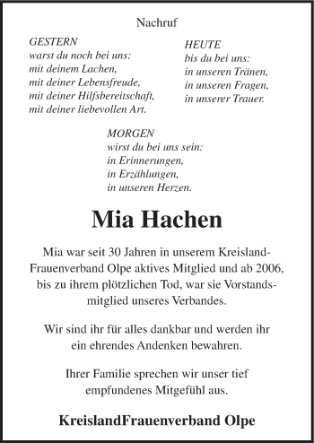 Todesanzeige von Mia Hachen von HSK