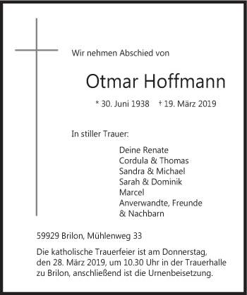 Todesanzeige von Otmar Hoffmann von HSK