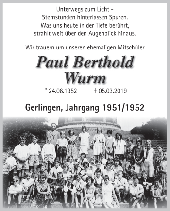 Todesanzeige von Paul Berthold Wurm von HSK