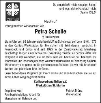 Todesanzeige von Petra Scholle von HSK